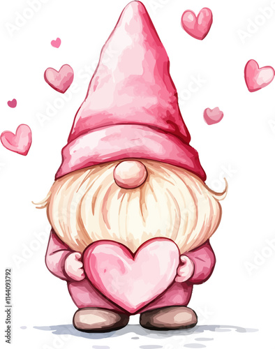 Watercolor christmas gnome with heart on white background. Vector illustration art.