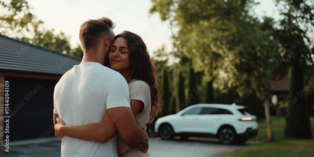 A man and woman hug each other in front of a white car. Scene is warm and affectionate A man and woman hug each other in front of a white car. Scene is warm and affectionate