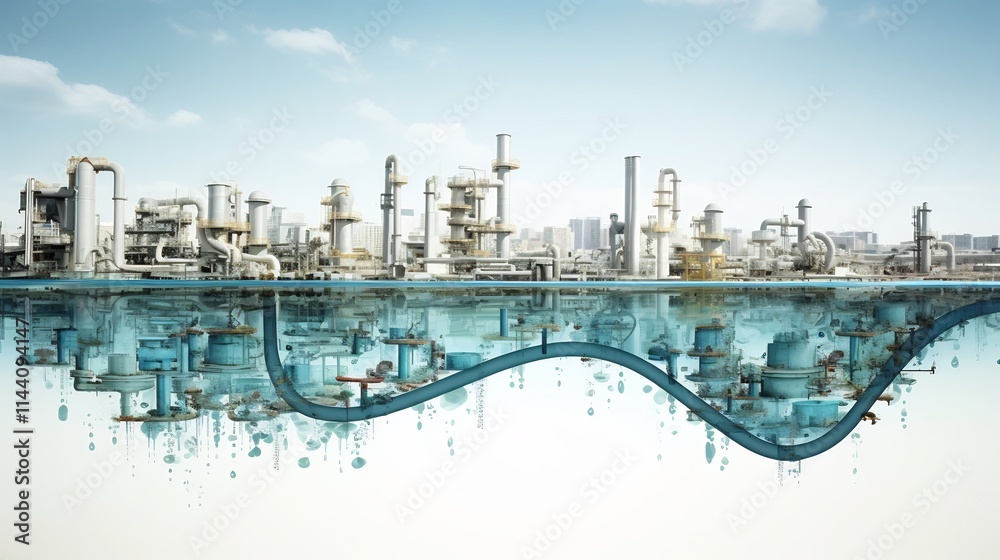 Obraz premium Aerial view of an intricate network of desalination pipelines transporting freshwater from production facilities to urban areas
