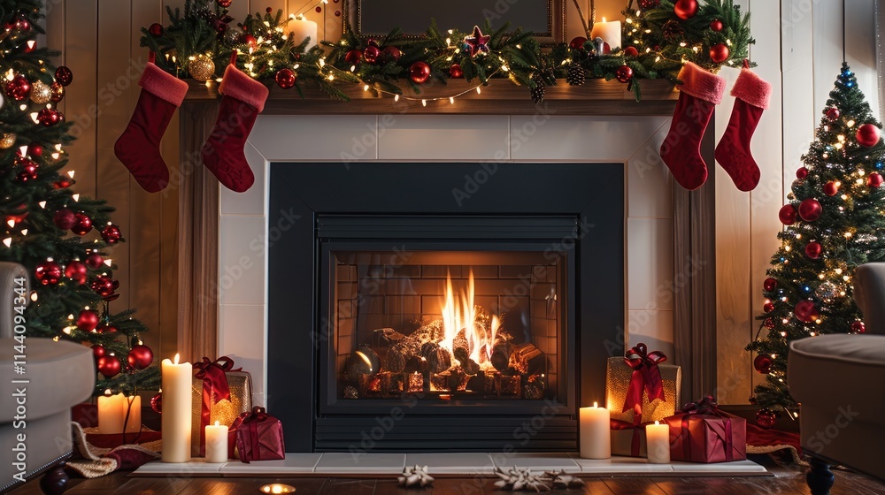A festive Christmas fireplace glowing warmly, its mantel adorned with lush garlands, sparkling fairy lights, and red and gold ornaments. Above the fireplace. A festive Christmas fireplace glowing warmly, its mantel adorned with lush garlands, sparkling fairy lights, and red and gold ornaments. Above the fireplace.