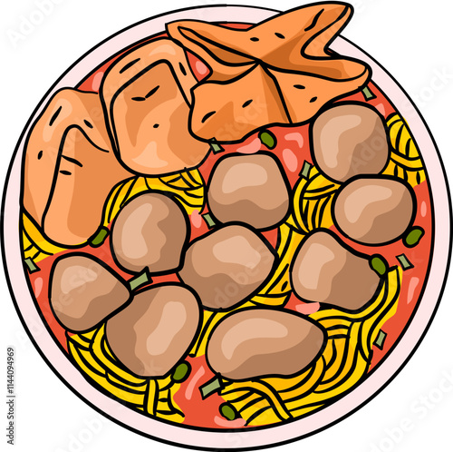 Meatball or Bakso Indoneisia Traditional Food. Hand drawn traditional food from Indonesia.. Asian traditional food