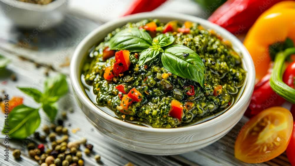 Bowl of pesto sauce on the table. Selective focus. food.