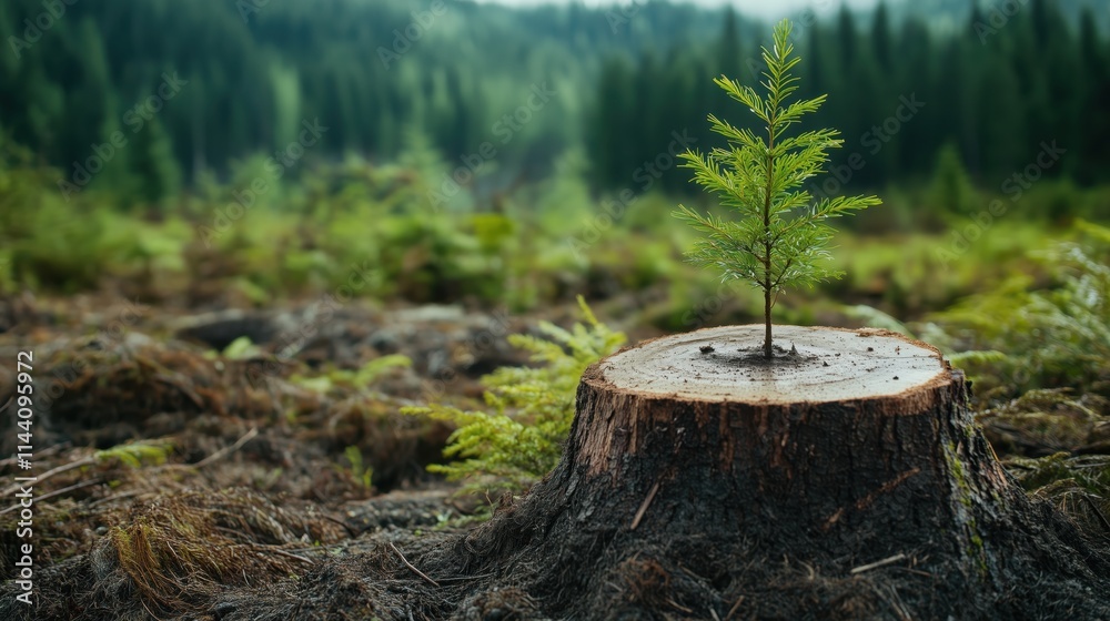 A small tree sprouting from the top of an old, fallen tree stump in a forest. The background is dark and green with sunlight shining through the trees. A small tree sprouting from the top of an old, fallen tree stump in a forest. The background is dark and green with sunlight shining through the trees.