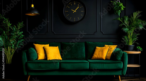 Bohemian interior design for a contemporary living room in a house. Close-up of the alarm clock on the circular wooden table next to the couch
