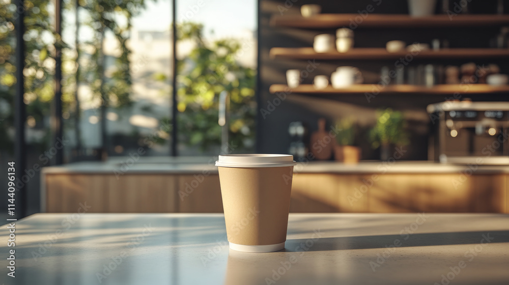A single disposable coffee cup sits on a table in a cafe, bathed in warm sunlight streaming through a large window. The background is softly blurred, suggesting a calm and inviting atmosphere.