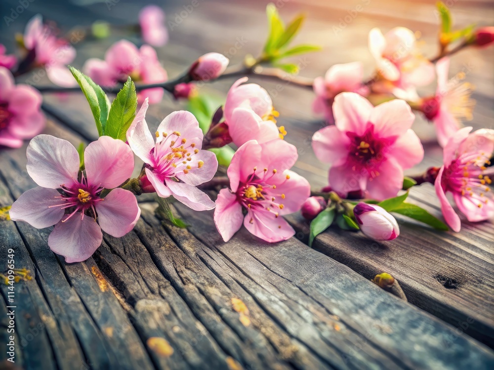 Fototapeta premium Rustic wooden table displays delicate pink peach blossoms, capturing spring's beauty in a still life photograph.