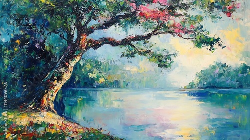 Lush tree gracefully leaning over serene lake, impressionistic painting.. AI Generated