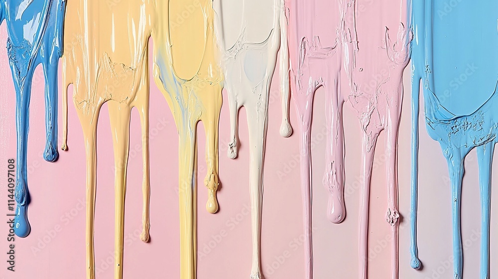 Fototapeta premium Dripping Paint Colors: A vibrant palette of pastel paint colors drips and flows, creating a mesmerizing abstract pattern of color and texture. 