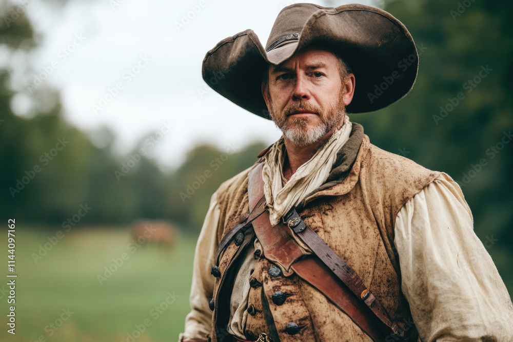 Caucasian mature male in historical attire outdoors Caucasian mature male in historical attire outdoors