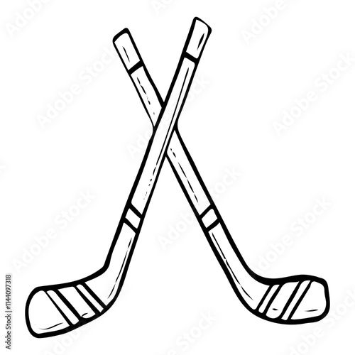 Crossed hockey sticks hand drawn doodle. Sports equipment. Tool for throwing, passing puck. Stick with flat hook. Winter game. Match. Vector line art illustration.