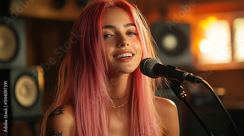 Pink Hair Singer: Portrait of a young woman with long pink hair singing into a microphone in a recording studio.  Her smile is radiant, and the warm lighting enhances the intimate atmosphere.