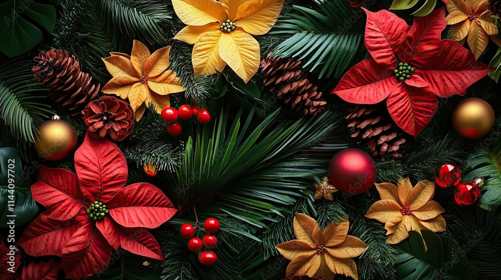 Naklejka premium Hawaiian Christmas Decorations Tropical Elements: Festive Christmas Decorations Hawaiian Influence Featuring Tropical Flowers Palm Trees Bright Colors Holiday Celebrations Tropical Vibes