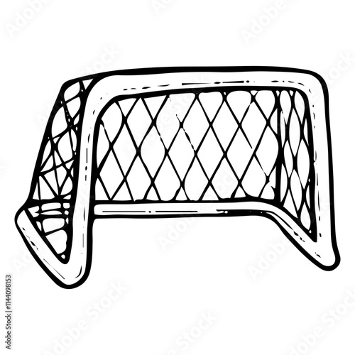 Hockey goal hand drawn doodle. Sports equipment. Metal crossbar with net. Target. Winter game. Professional match. Vector line art illustration.