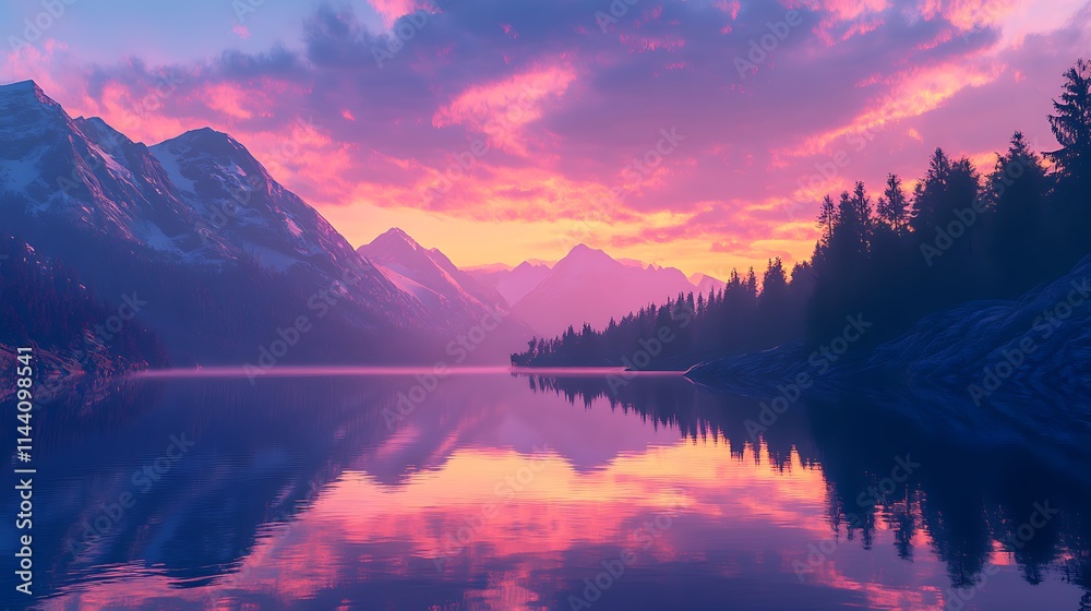 Fototapeta premium A tranquil mountain lake at dusk, with a vibrant sunset sky reflected in the still water, surrounded by rugged mountain ranges and thick pine forests 