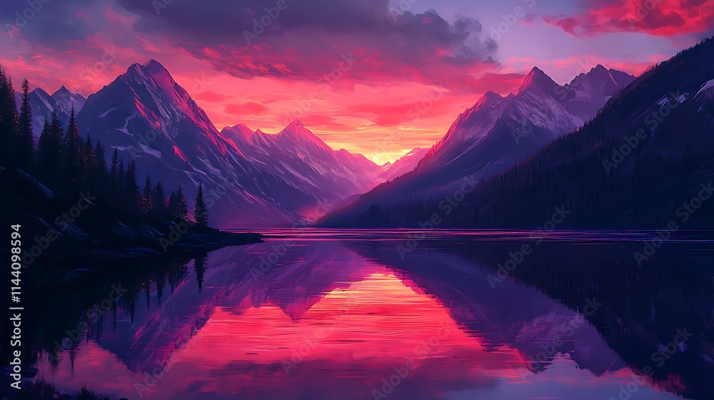 Fototapeta premium A tranquil alpine lake at sunset, with the sky painted in shades of red and purple, perfectly mirrored on the calm water, with towering mountains in the background