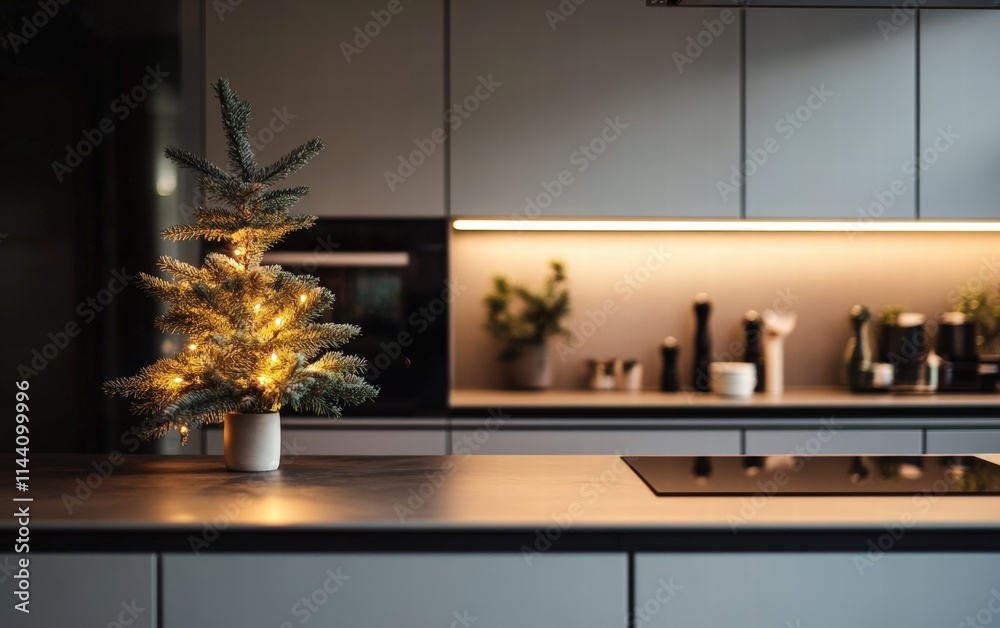 A sleek modern kitchen with a small glowing Christmas tree on the countertop, surrounded by minimal holiday decor A sleek modern kitchen with a small glowing Christmas tree on the countertop, surrounded by minimal holiday decor