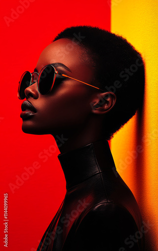 Model in stylish sunglasses. Model showcases striking fashion against vibrant backdrop with bold colors
