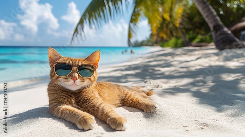 Wallpaper Mural A cool cat in sunglasses relaxing under the palm trees on a beautiful Maldives beach, soaking up the sun by the turquoise sea for a blissful vacation scene. Torontodigital.ca