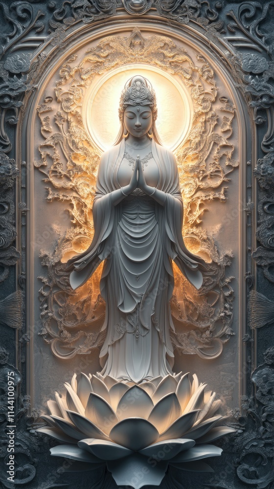 Fototapeta premium A 5D metal logo showcasing Guanyin Bodhisattva with hyperrealistic precision. Her soft, round face exudes calmness as she stands on a glowing lotus. Light streams from her halo, surrounded