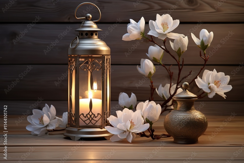 Obraz premium A candle is lit in a lantern on a table