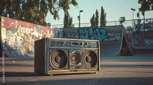 Vintage Boombox in Abandoned Skatepark Surrounded by Graffiti