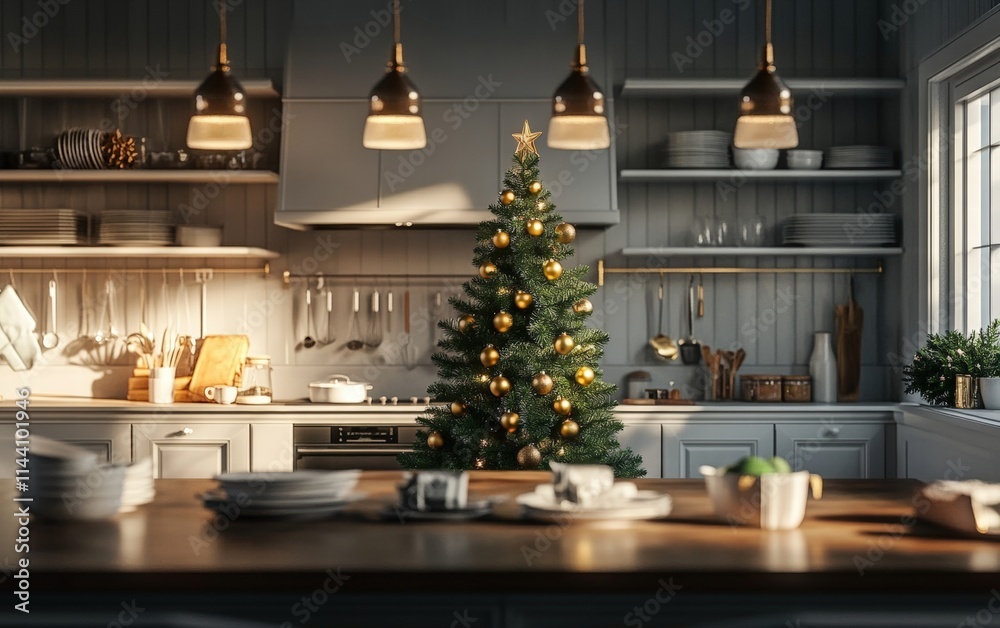 Obraz premium A spacious kitchen with a green Christmas tree adorned with golden baubles, surrounded by premium culinary tools and white porcelain dishes