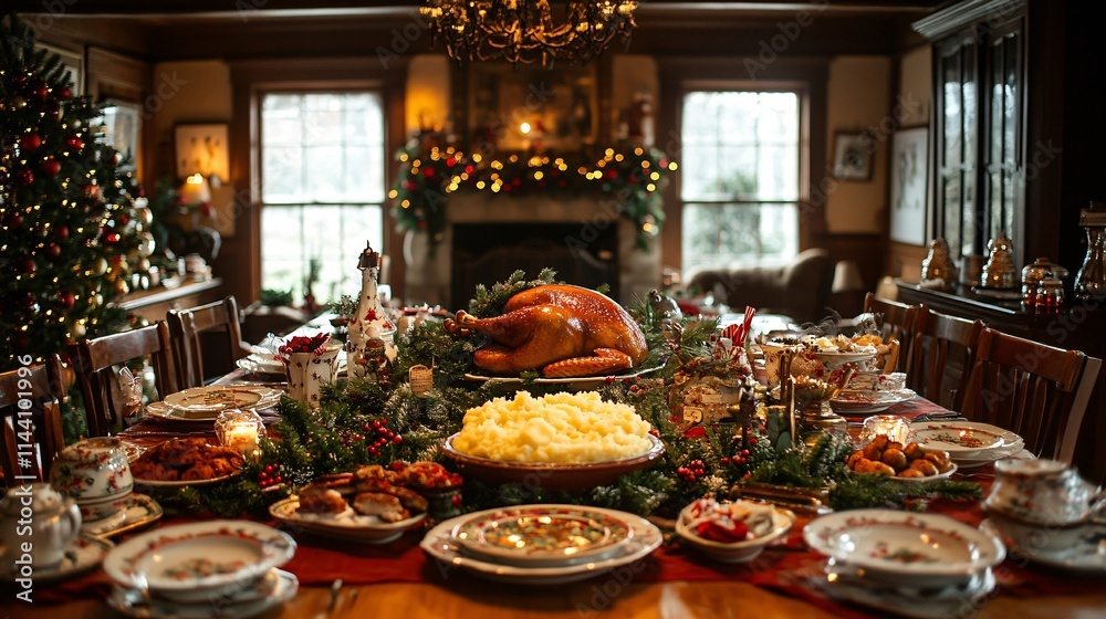 American Christmas turkey on the festive table American Christmas turkey on the festive table