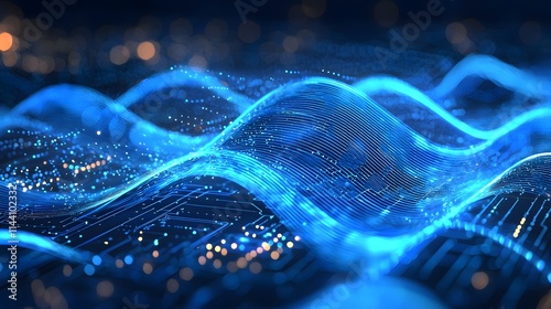 Flowing Blue Quantum Waves on Circuit Board Vector