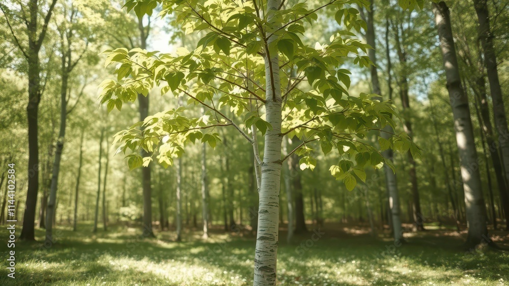 Young birch tree, vibrant green leaves, spring sunlight dappled forest floor, leaves,branches,wild Young birch tree, vibrant green leaves, spring sunlight dappled forest floor, leaves,branches,wild
