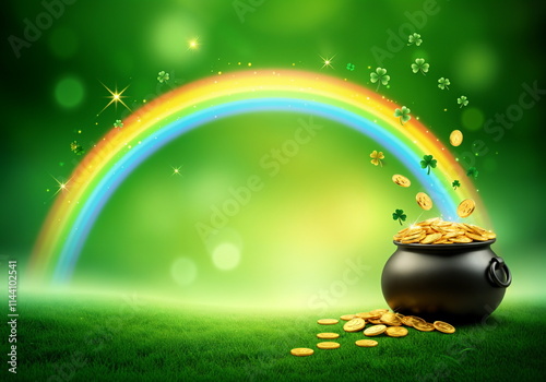 Pot of Gold Under a Rainbow on a Green Background for St. Patrick's Day Celebrations