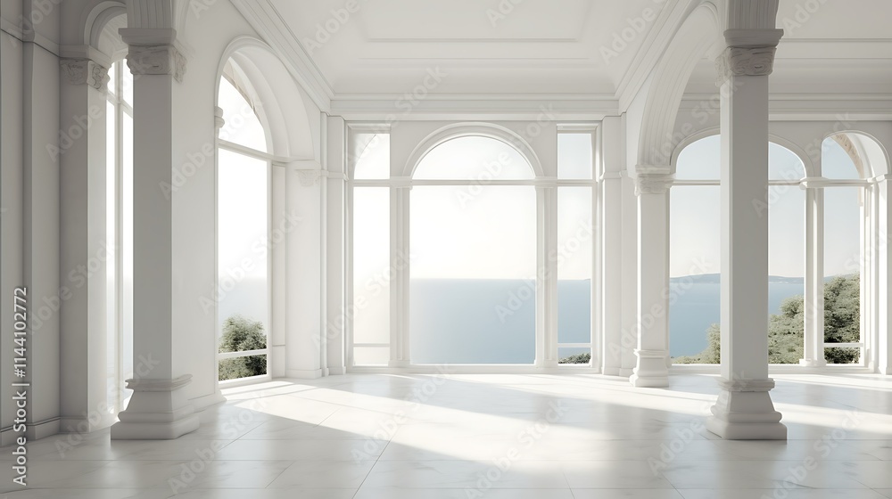 Sunlit, elegant room with arched windows offering stunning ocean views.