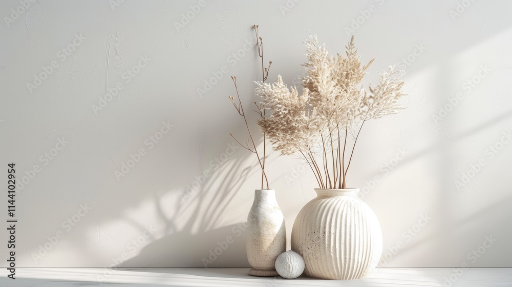 Minimalist decor with ceramic vases and dried plants in soft light Minimalist decor with ceramic vases and dried plants in soft light
