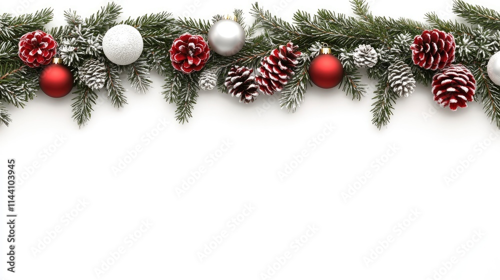 Festive Christmas Border of Pine Branches, Ornaments, and Pinecones on White Background Festive Christmas Border of Pine Branches, Ornaments, and Pinecones on White Background