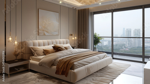 A modern bedroom with panoramic views, the walls are light gray, the ceiling is white, and the tiles are neutral. This bed is a light luxury gold edged double bed with beige velvet bedding. photo