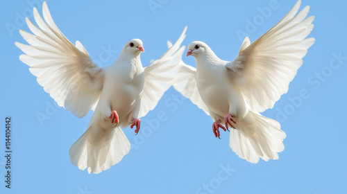 Two white doves flying together in blue sky