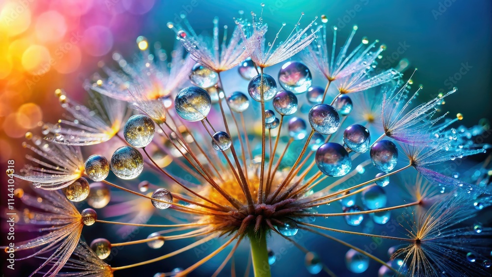 Fototapeta premium Close-up macro reveals dandelion seedhead's dew-kissed detail, perfectly positioned by the rule of thirds.