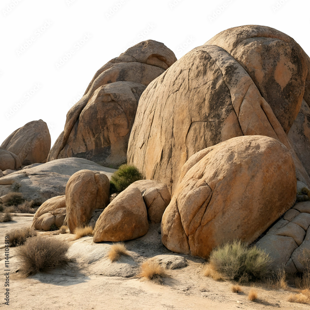 Massive boulders with rugged textures, evoking a dry desert landscape, isolated on a clean white background for nature-themed designs Massive boulders with rugged textures, evoking a dry desert landscape, isolated on a clean white background for nature-themed designs