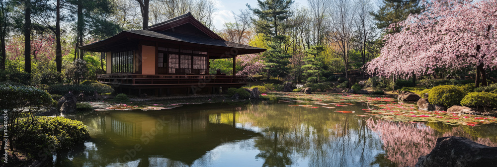 Obraz premium Traditional Japanese House by a Scenic Pond