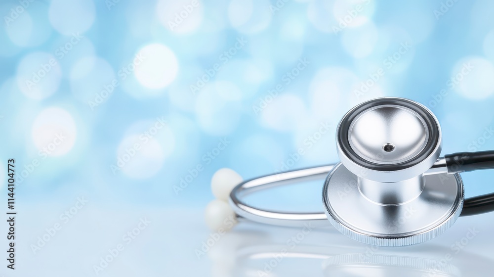 A shiny stethoscope rests on a surface, set against a soft blue bokeh background, symbolizing healthcare and medical professionalism. A shiny stethoscope rests on a surface, set against a soft blue bokeh background, symbolizing healthcare and medical professionalism.
