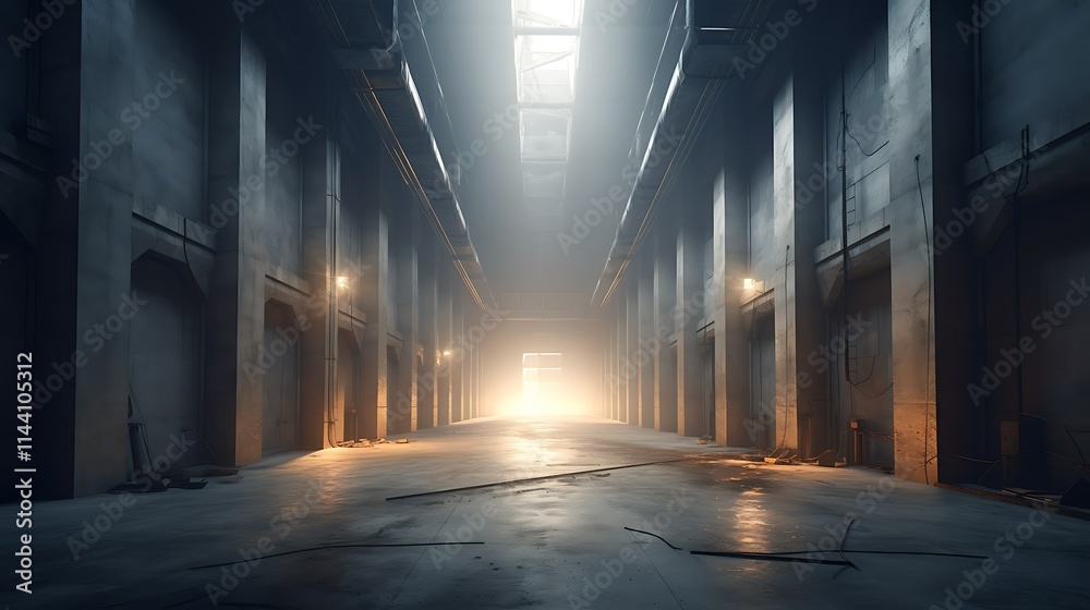 Long, dark industrial corridor with light at end. Long, dark industrial corridor with light at end.