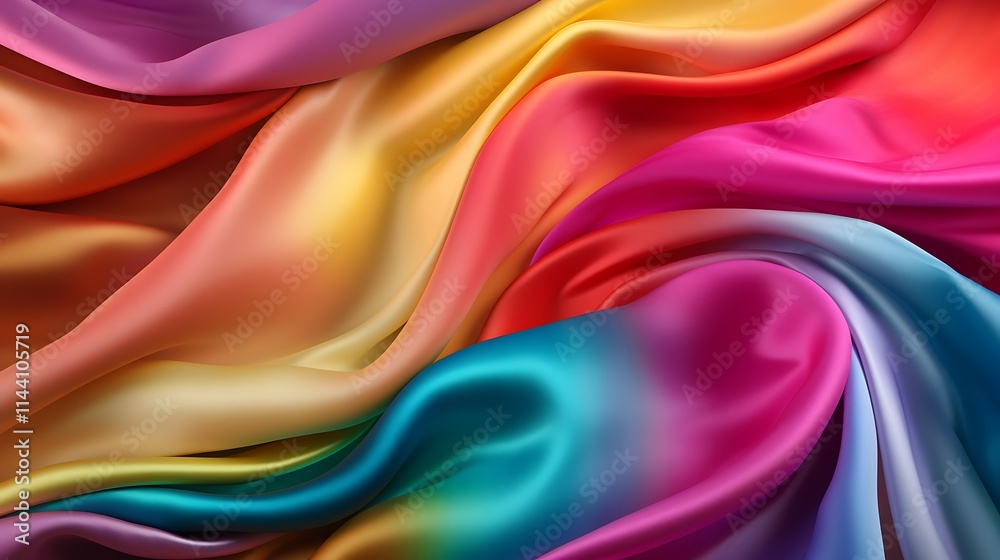 Colorful silk fabric with vibrant rainbow gradient, draped and flowing in soft waves and folds. Colorful silk fabric with vibrant rainbow gradient, draped and flowing in soft waves and folds.