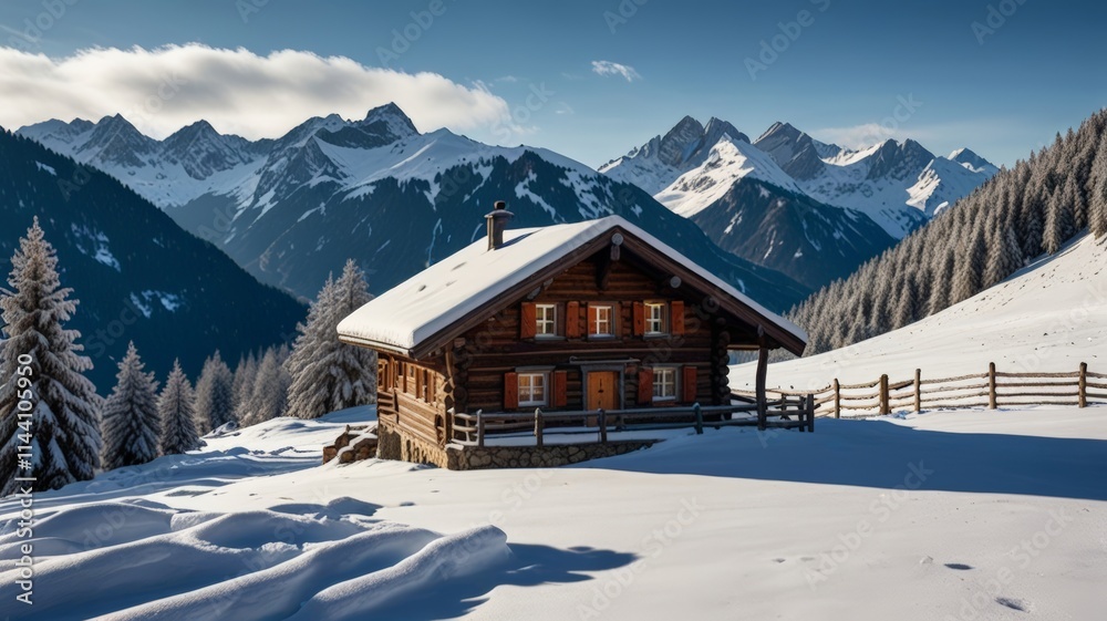 A charming wooden chalet nestled in a winter landscape, surrounded by snow-covered mountains and evergreen trees, radiates warmth and coziness against a crisp blue sky