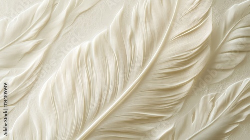 Close-up of embossed creamy white feather pattern on textured surface.