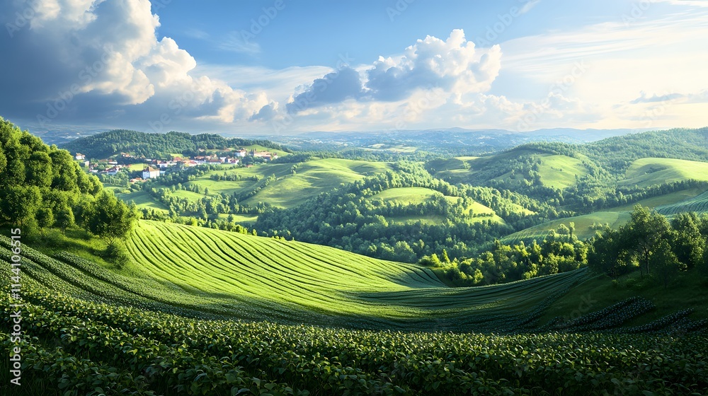 Lush Green Hills Under Bright Blue Sky in Scenic Landscape View Lush Green Hills Under Bright Blue Sky in Scenic Landscape View