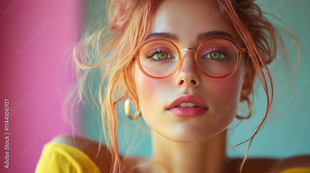 Portrait of a stylish young woman wearing trendy glasses in vibrant colors Portrait of a stylish young woman wearing trendy glasses in vibrant colors
