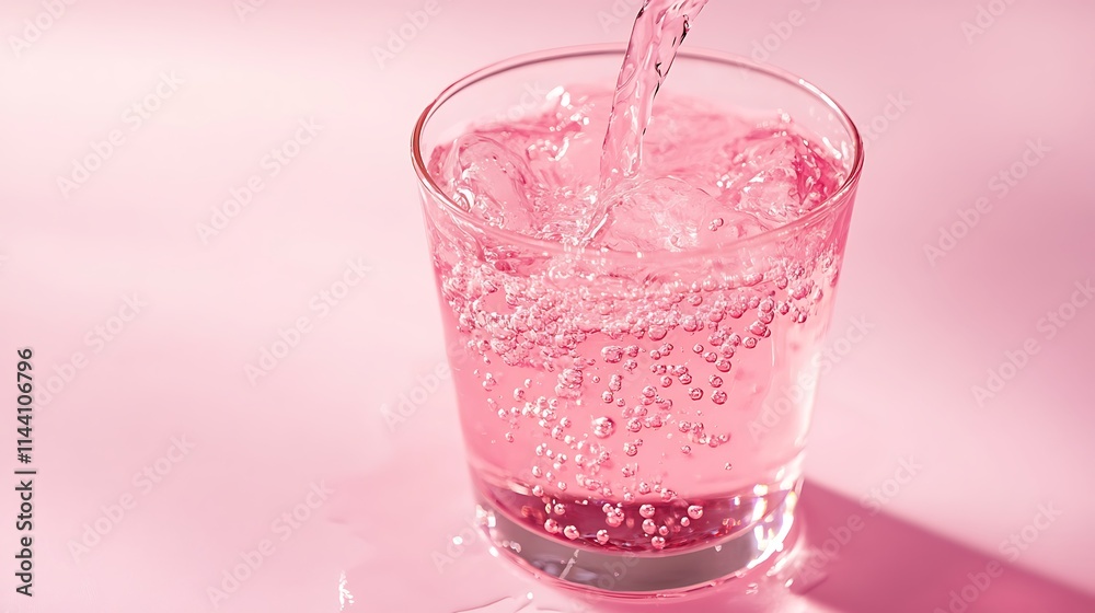 Pouring Pink Liquid Refreshingly Fills Glass Photo on Light Background. AI Generated Pouring Pink Liquid Refreshingly Fills Glass Photo on Light Background. AI Generated