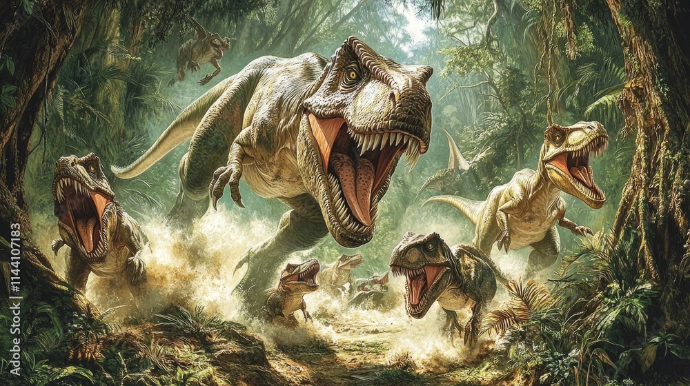 A playful T-Rex chasing a group of smaller dinosaurs through the jungle, with leaves and branches flying around in dynamic motion. A playful T-Rex chasing a group of smaller dinosaurs through the jungle, with leaves and branches flying around in dynamic motion.