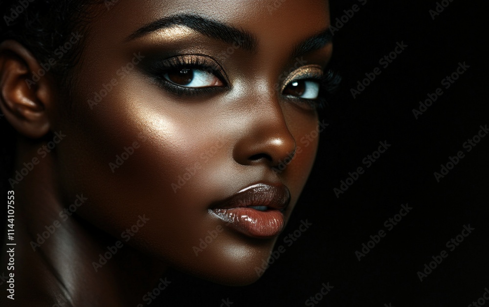 Close-up portrait of a glamorous model with smoky eye makeup, soft light illuminating her face on a solid black backdrop Close-up portrait of a glamorous model with smoky eye makeup, soft light illuminating her face on a solid black backdrop