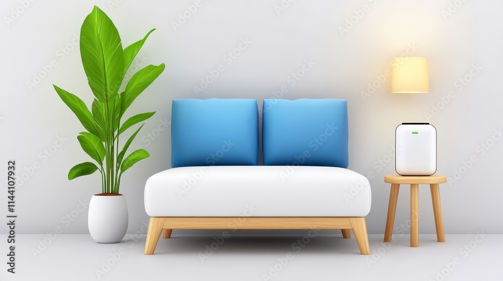 A modern living space featuring a minimalist sofa with blue cushions, a potted plant, a lamp, and a stylish air purifier. A modern living space featuring a minimalist sofa with blue cushions, a potted plant, a lamp, and a stylish air purifier.