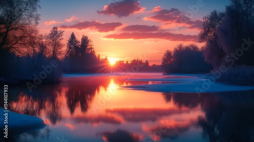 Radiant Sunrise Over Tranquil River: Serene Landscape with Vibrant Horizon Colors